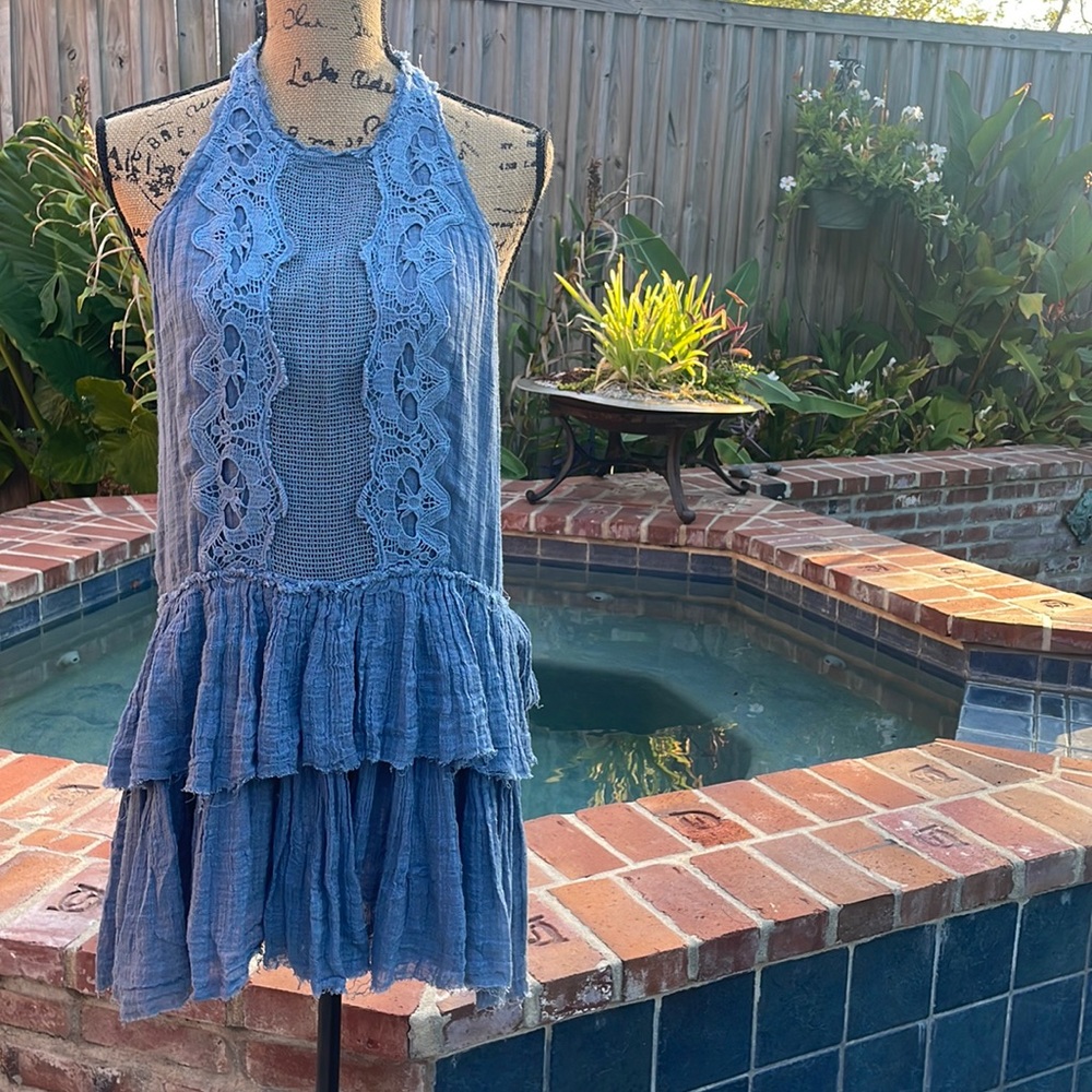 Free People Blue Tiered Halter Lace-Trim Mini Dress
